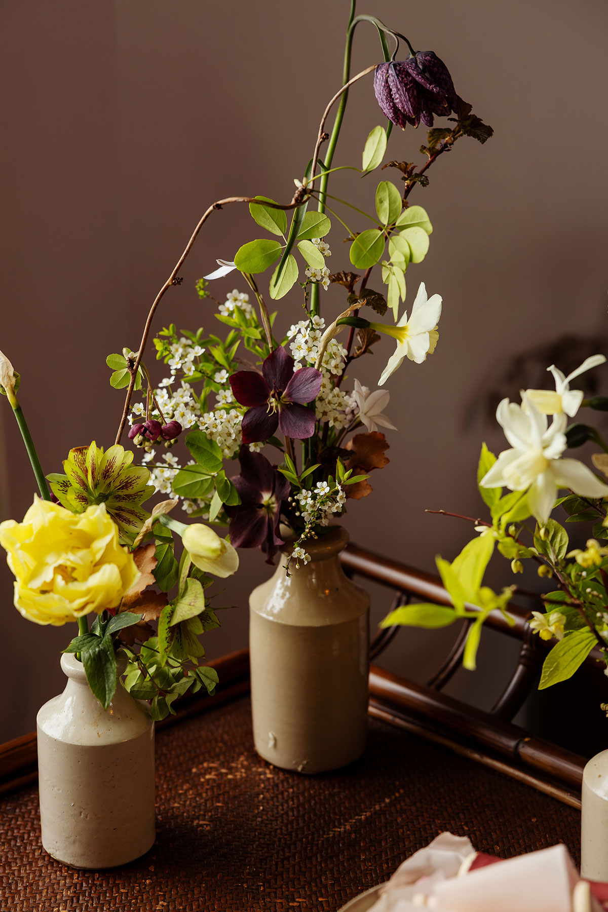 Close-up of wedding floral arrangement in neutral vase at The Tower Portobello
