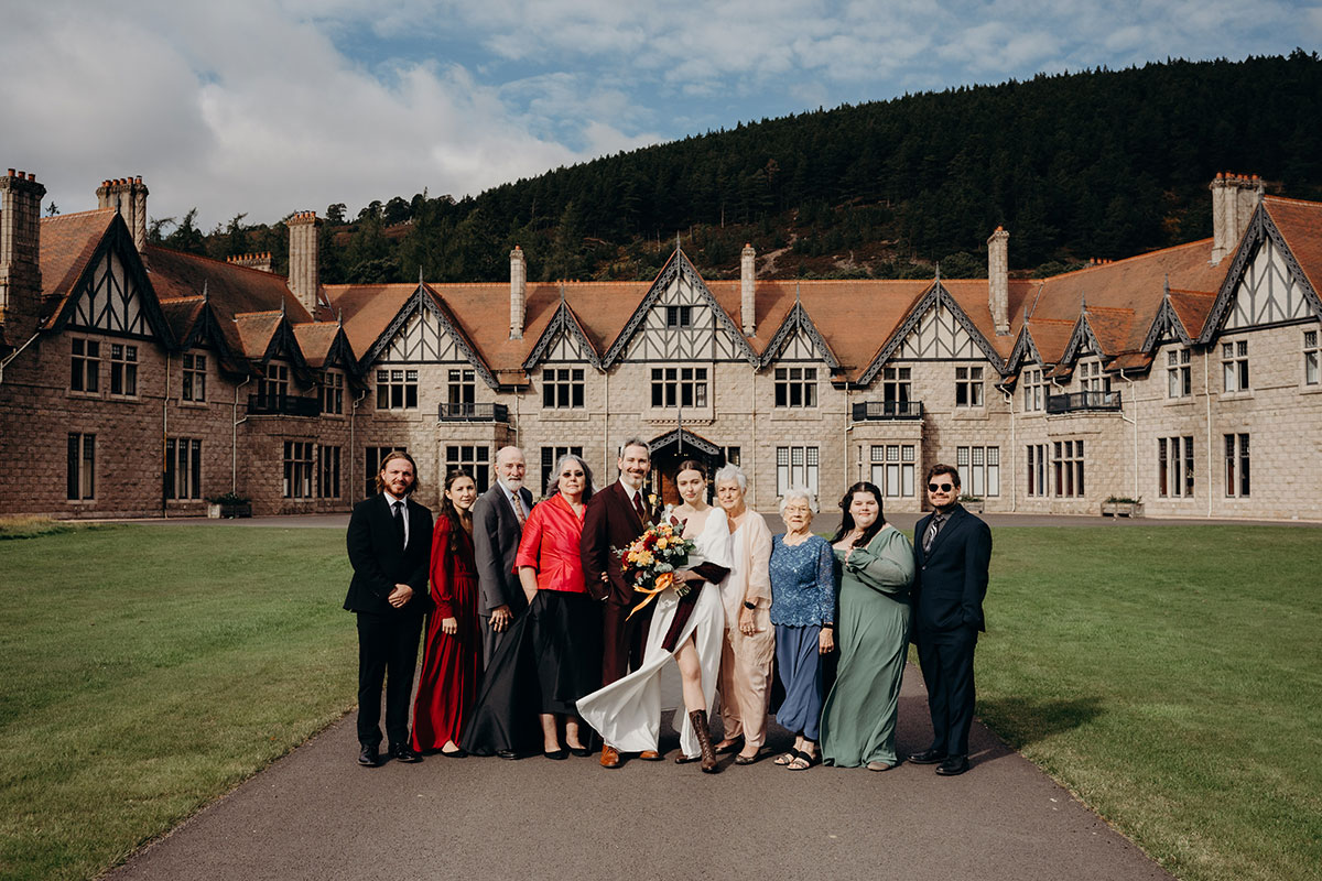 Mar Lodge Victorian Hunting Lodge exterior with wedding guests