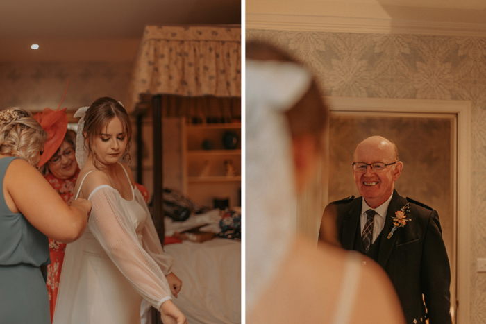 Bride is helped into her dress and image of first look with her father