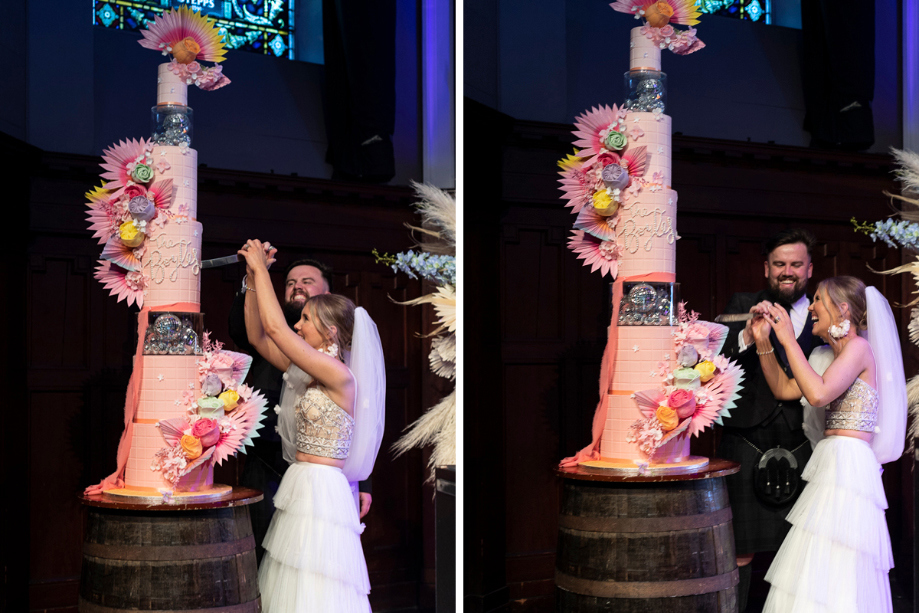 Happy couple cut their spectacular eight tier pink wedding cake