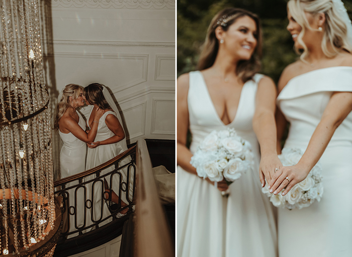 Two brides kissing on the staircase at Kimpton Blythswood Square Hotel on left with chandelier in foreground on left. Two newlywed brides showing off rings on right.