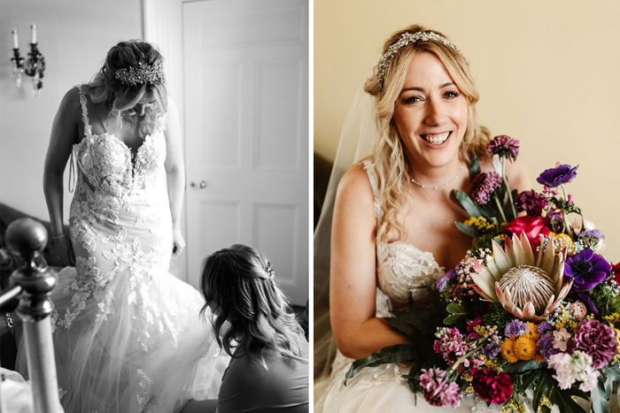 Bridesmaid fixes bride's dress and bridal portrait with colourful bouquet 