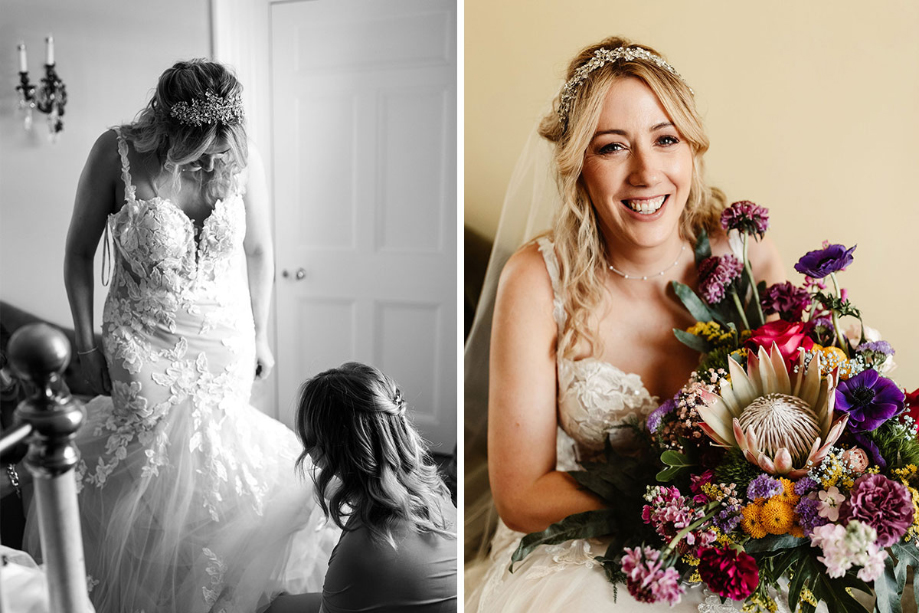 Bridesmaid fixes bride's dress and bridal portrait with colourful bouquet