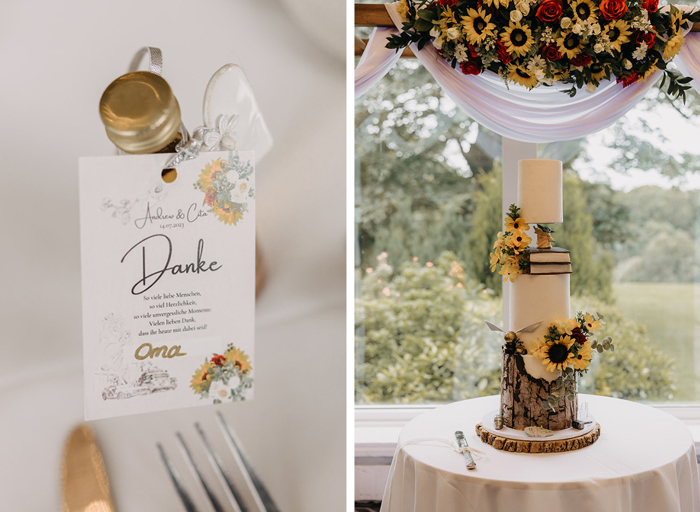 A letter written in German attached to a bottle in the left image, and a three tier wedding cake with sunflowers stuck onto it in the right image