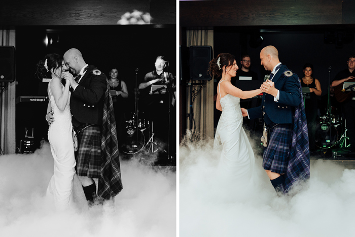 a bride and groom dancing amid a smoke machine as wedding band perform in background on stage at Seamill Hydro