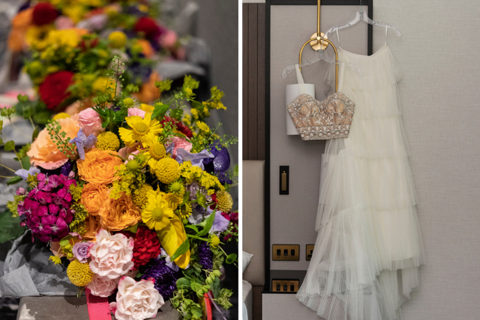 Brightly coloured Wedding Flowers And A Wedding Dress