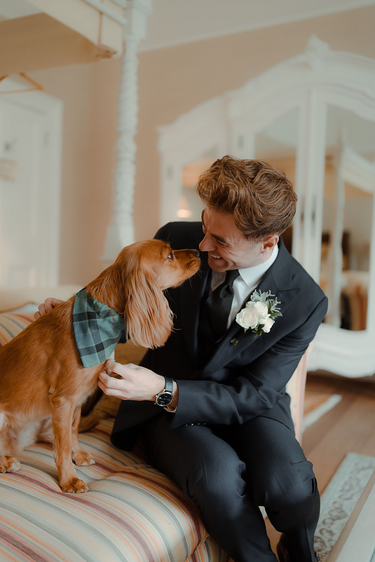 Groom in a navy wedding suit smiles at the couple’s dog, who wears a matching Gunn tartan bandana, inside Newhall Estate before the ceremony