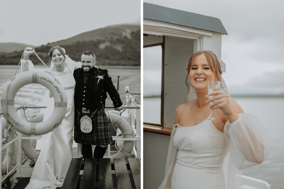 Bride and groom on board the boat they chartered for the wedding