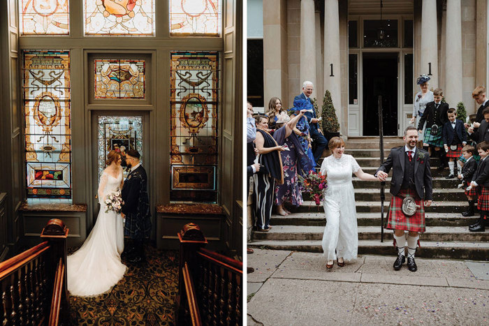 A bride and groom by a stained glass window at Hotel Du Vin Glasgow on left and a bride and groom outside stairs at One Devonshire Gardens by Hotel du Vin on right
