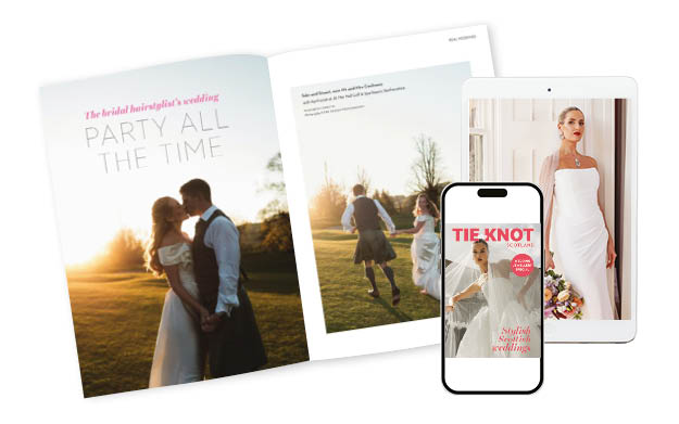 a montage of Tie the Knot Scotland printed magazine spread and smart phone showing magazine cover 