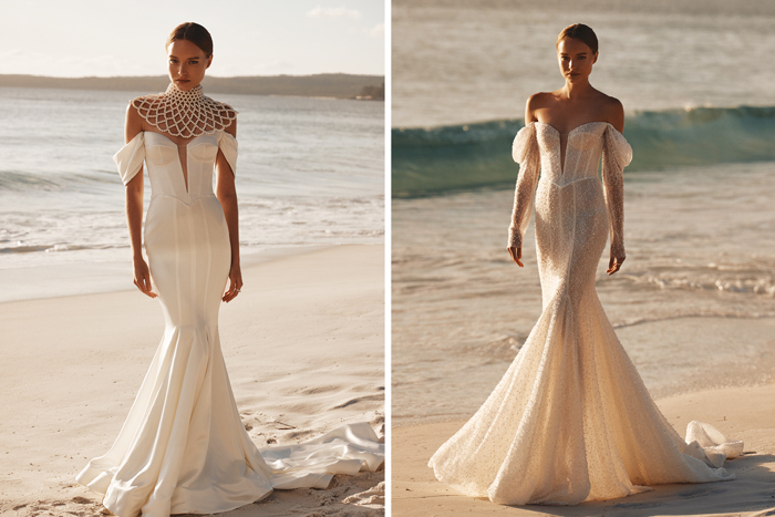 two off the shoulder wedding dresses modelled on beach