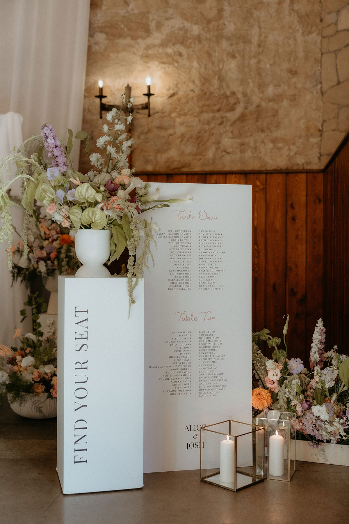 Modern wedding seating plan styled by Gloam with pastel florals at Rosebery House and Steading, Midlothian.