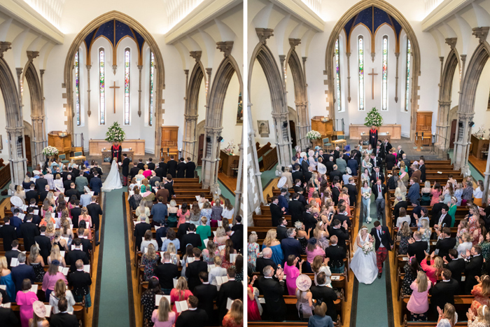 Aerial shot of inside the church and one of couple walking back up the aisle