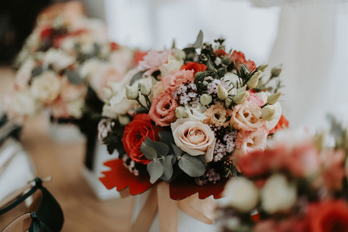 Bouquet with white, pink and red flowers