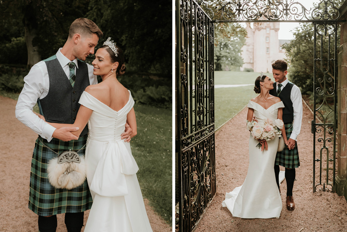 A bride and groom pose outside for photos, in the image on the right they stand at a gate with a castle in the background 