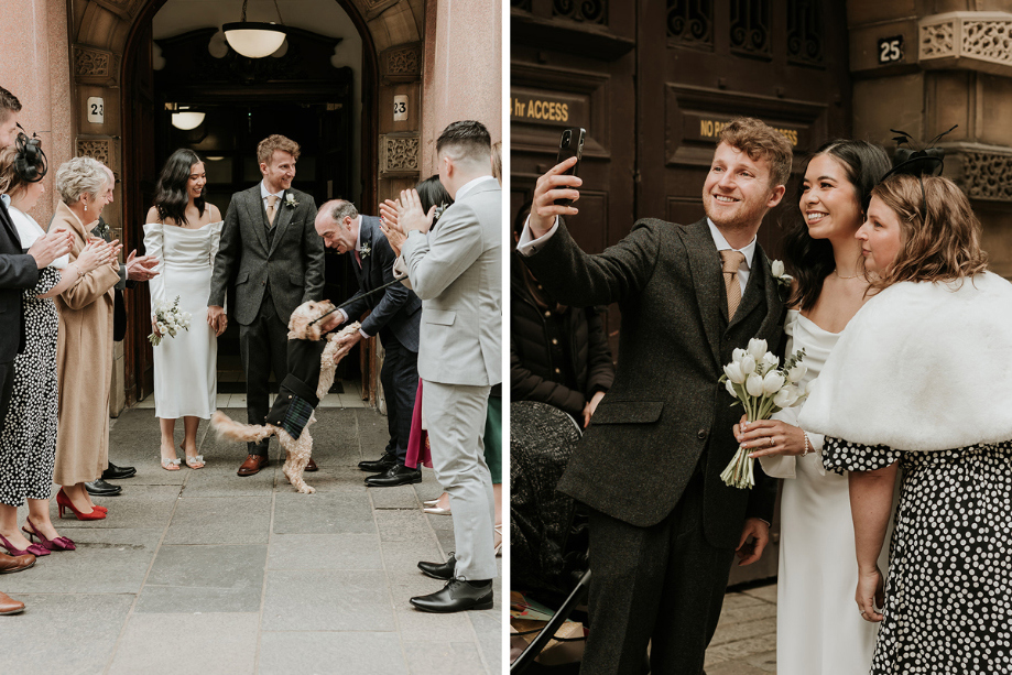 Bride and groom leave their wedding venue and take selfies with guests