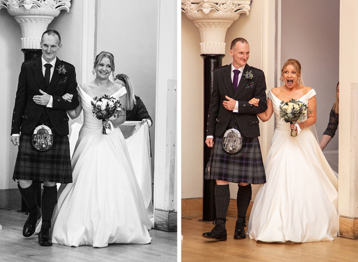 On the left a black and white photo of a bride walking arm in arm with her father, on the right a similar photo but in colour 