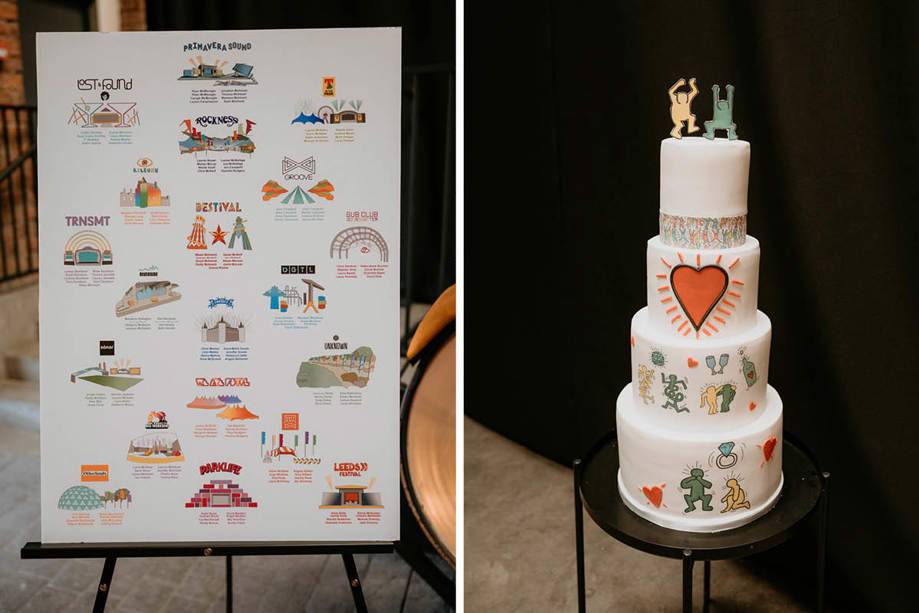 A Wedding Festival Themed Table Plan On Left And Colourful Keith Haring Wedding Cake On Right