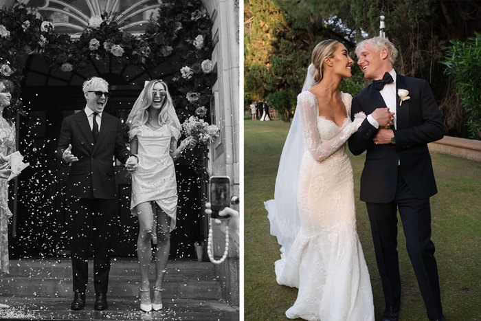 Sophie Habboo Jamie Laing during their two weddings, with bride wearing short dress then long lace number