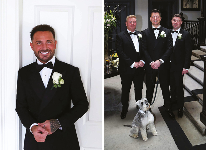 Left image shows a smiling groom wearing a black suit, bow tie and large white rose buttonhole standing against a white door. Right image shows three men wearing smart black suits and bow ties standing at the bottom of a set of stairs. The middle man is holding a schnauzer dog on a lead. The dog is wearing a bow tie with white collar