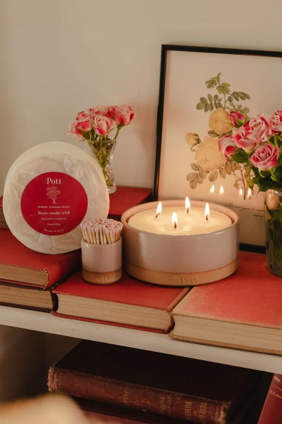 Pott candle set with refill, matches and lit multi-wick candle, a thoughtful home fragrance wedding gift for newlyweds