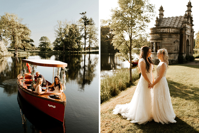 Image of the brides on a boat and an outdoor couple portrait