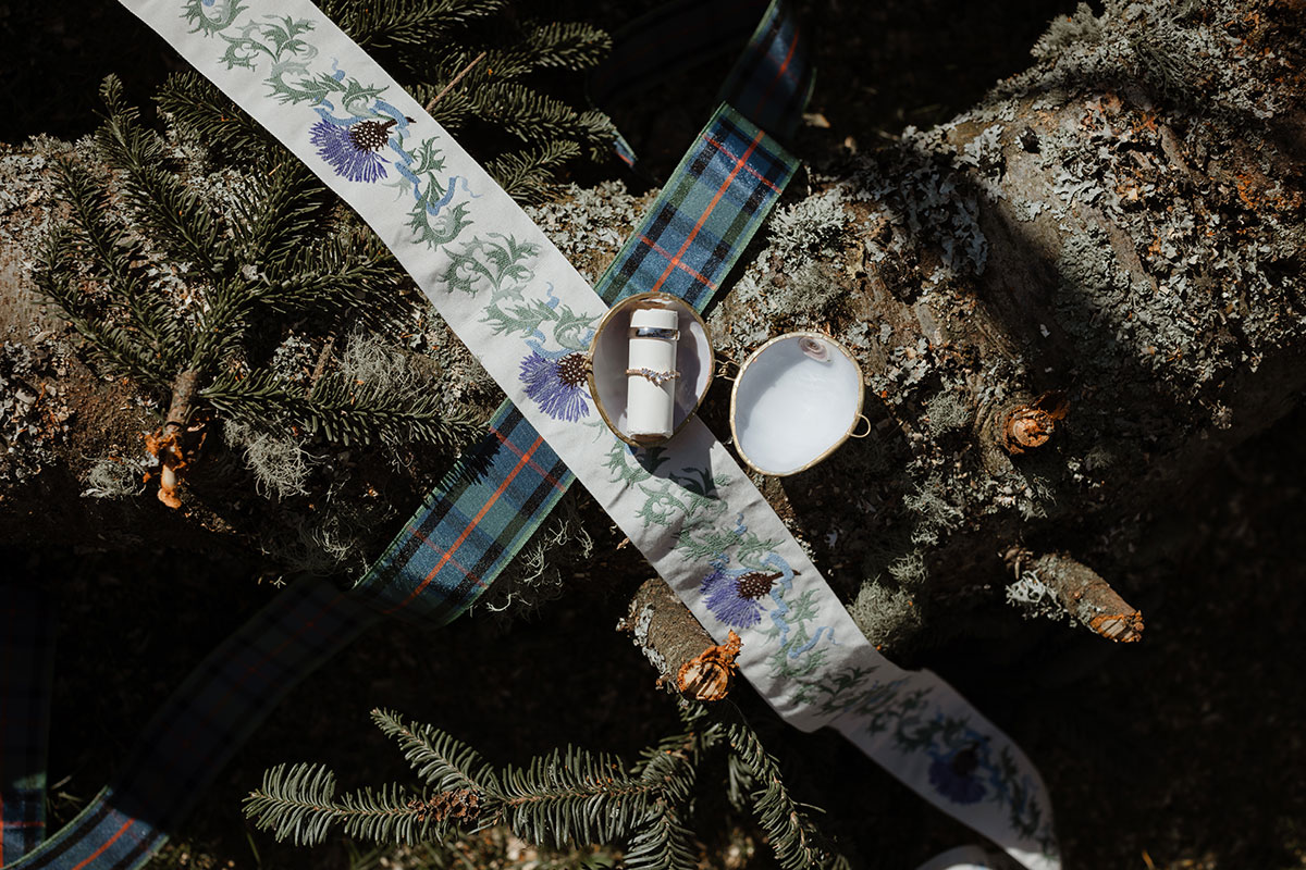 Bride and groom's rings against a backdrop of ribbons, pine branches and tree trunks