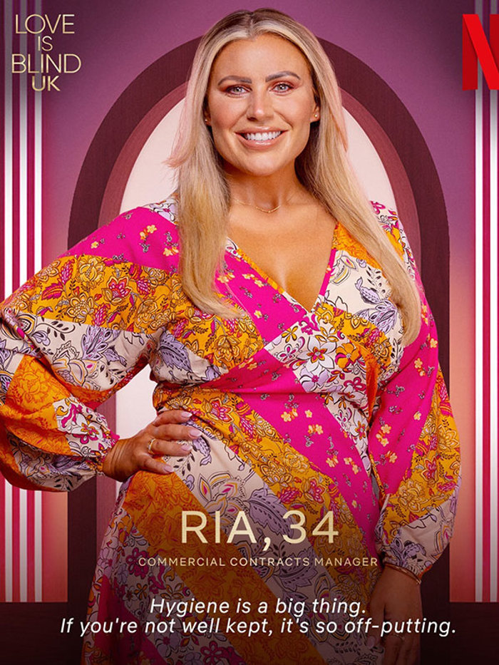 Poster for Love Is Blind UK with a woman in an orange, pink, white and yellow floral patterned dress and the words 'Ria, 34 Commercial Contracts Manager'