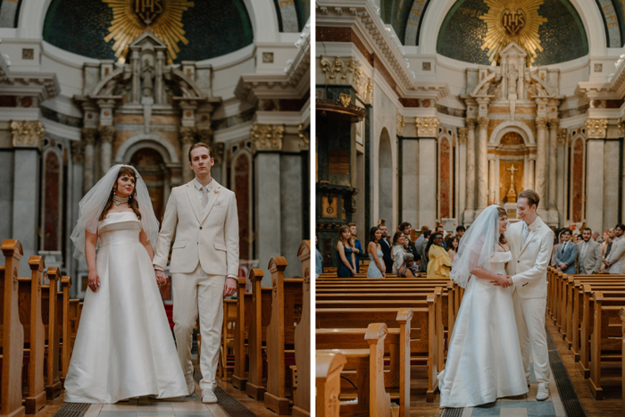 Newlywed couple walk hand in hand down the aisle in St Aloysius Church after saying 'I do'