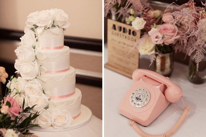 pink and white wedding cake by Special Days Cakes and a pink old-fashioned telephone on a table