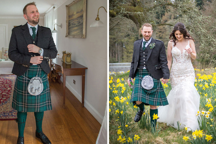 a groom in a green tartan kilt with a bride in a floral applique dress