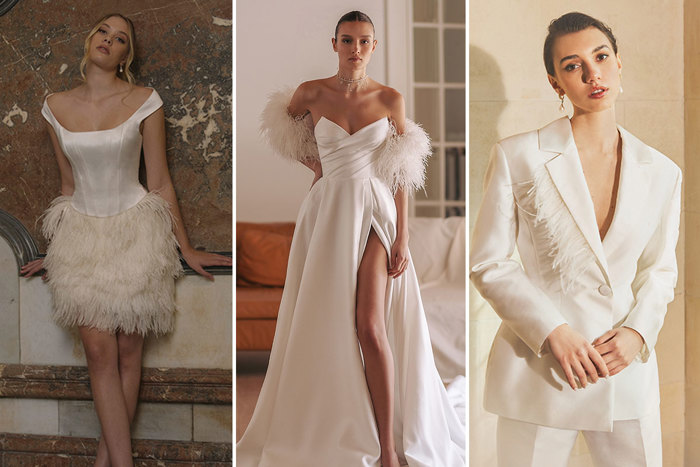 Three women wearing white outfits with white feathers