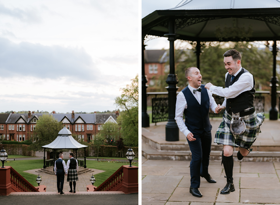 two grooms posing in the bandstand at Boclair House