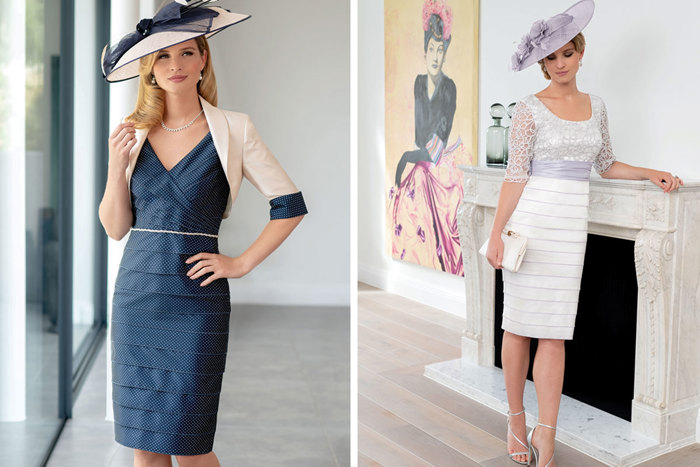 Model wears navy dress with matching cream jacket, and model on right wears lilac midi dress 