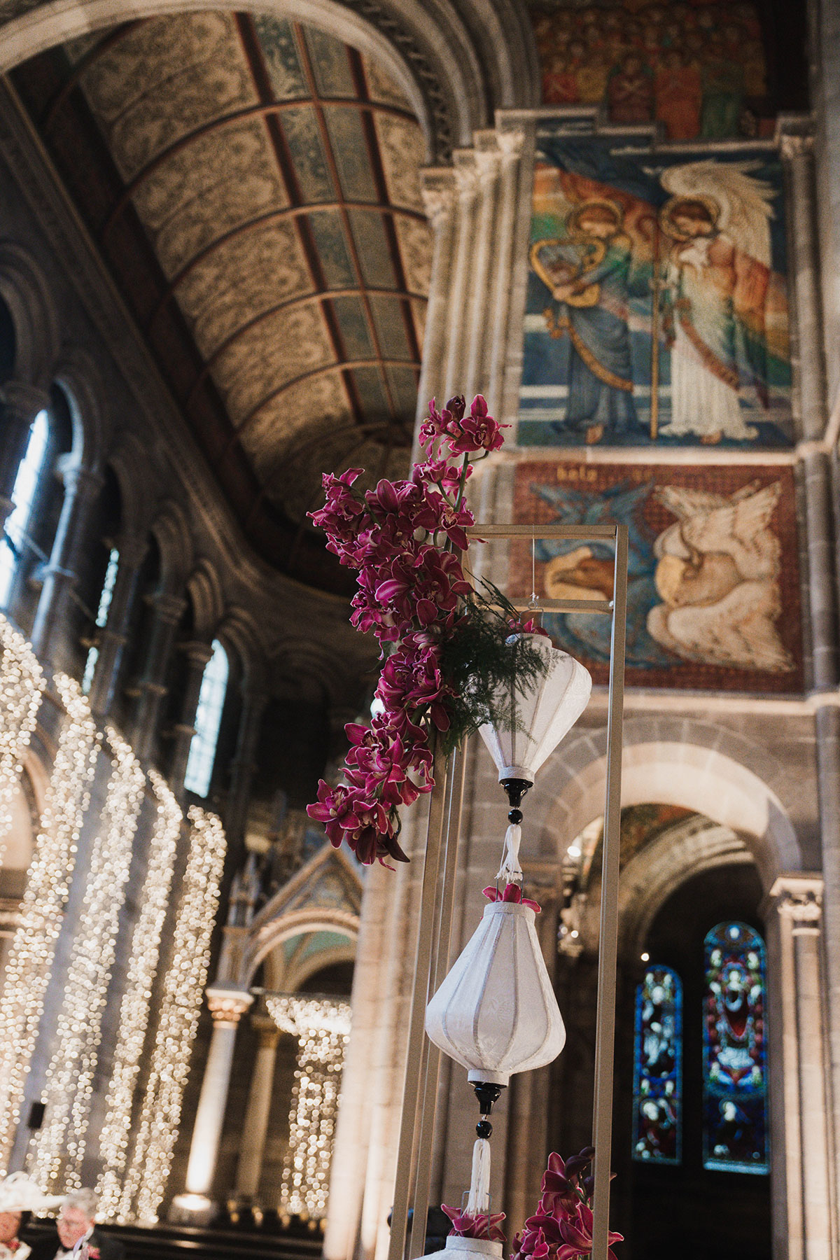 Pink orchid floral installation with oriental lanterns and styling at Mansfield Traquair wedding