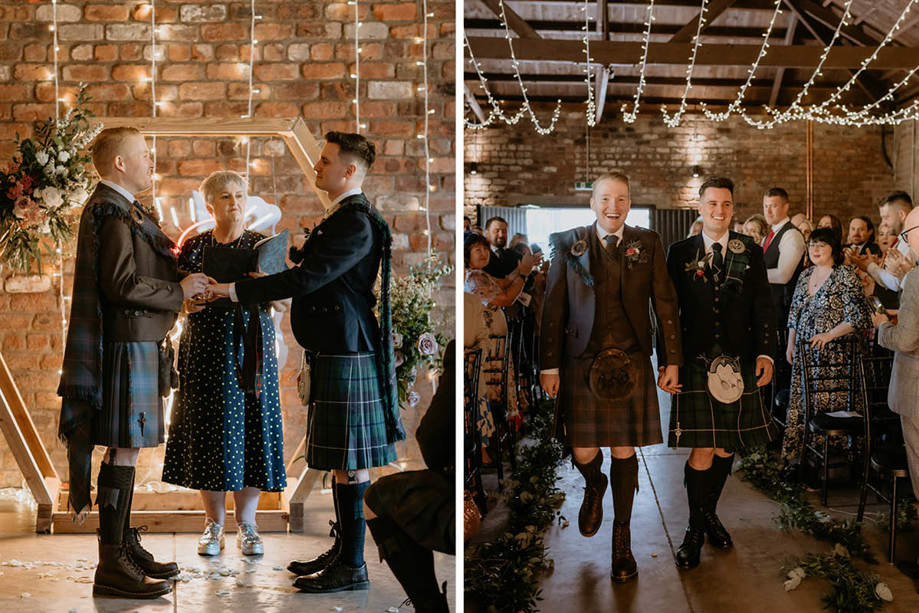 Two People In Kilts Holding Hands During A Wedding Ceremony And Two People In Kilts Holding Hands Walking Under A Canopy Of Fairylights