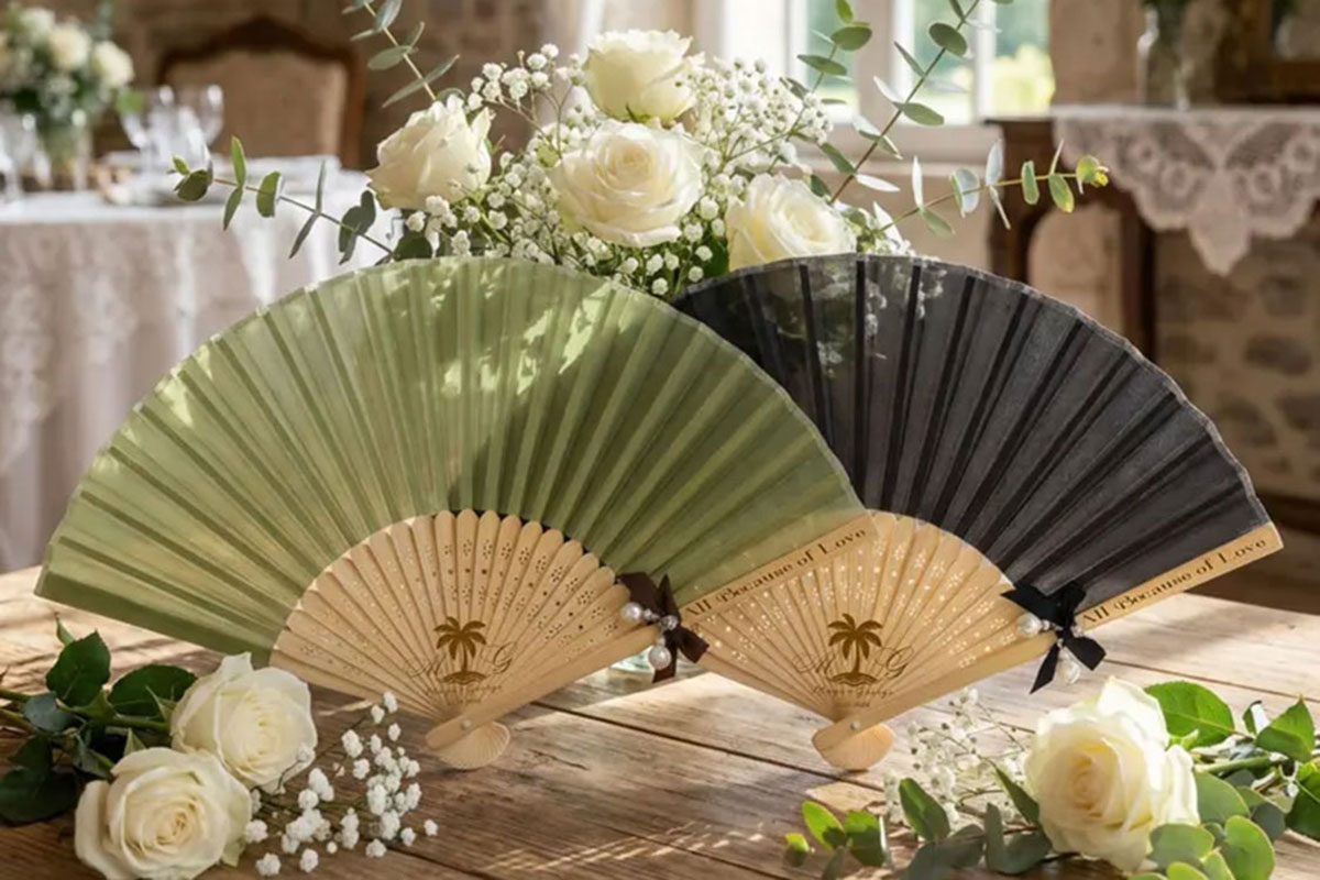 Personalised handheld fan wedding favours styled with white roses and greenery