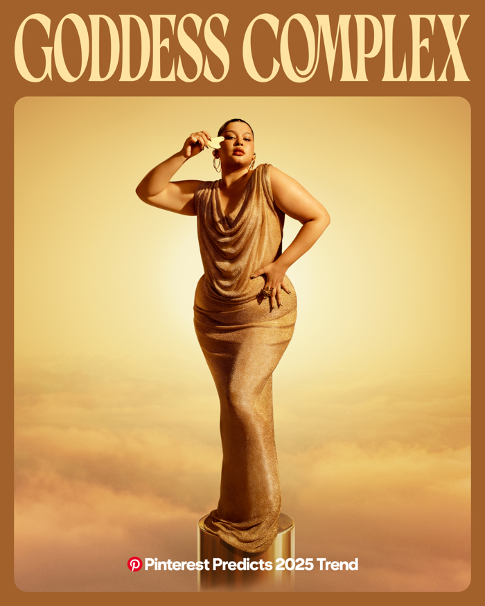 goddess complex pinterest trend woman wearing gold dress on podium