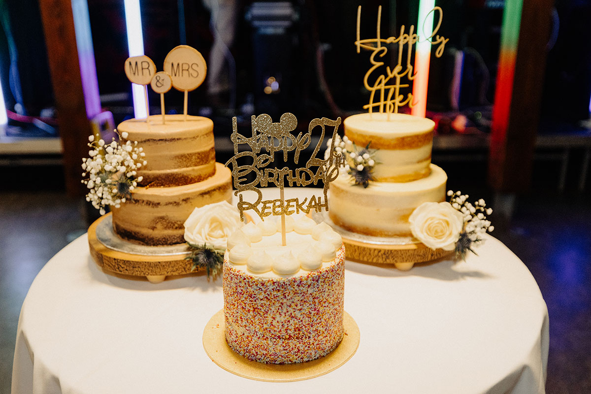 Three cakes at the wedding reception