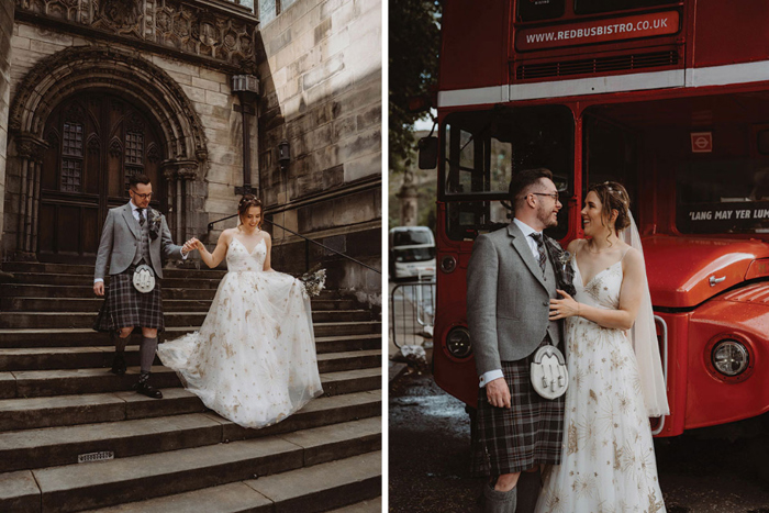 Bride and groom walk downstairs and stand in front of a red bus