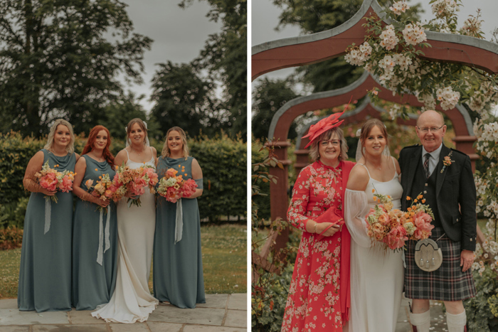 Image of bride and bridesmaids and one with bride and parents