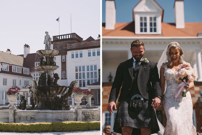 One image showing fountain at Trump Turnberry and other showing couple outside the venue hand in hand