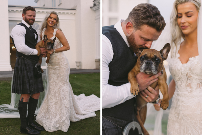 Bride and groom pose with their French bulldog