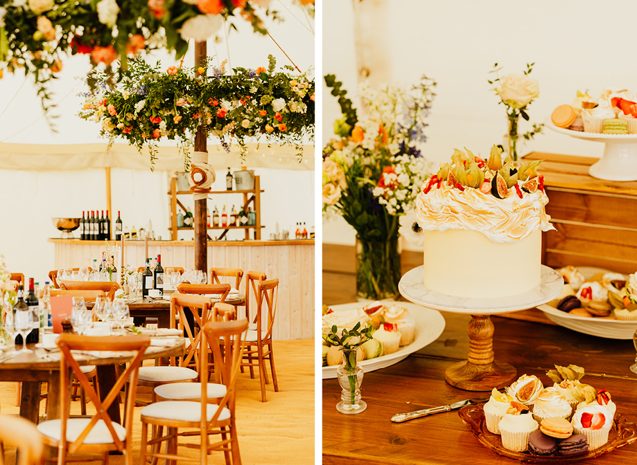 Left image shows a marquee set for a wedding reception with circular tables and wooden cross back chairs. Circular flower decorations hang from the ceiling and there is a wood-clad bar in the background. Right image shows a wedding cake with piped meringue and fruit on a wooden table surrounded by smaller platters of cupcakes, macarons and fruit