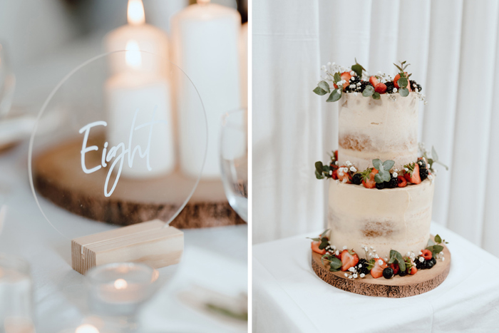 Table details with eight sign and picture of wedding cake 