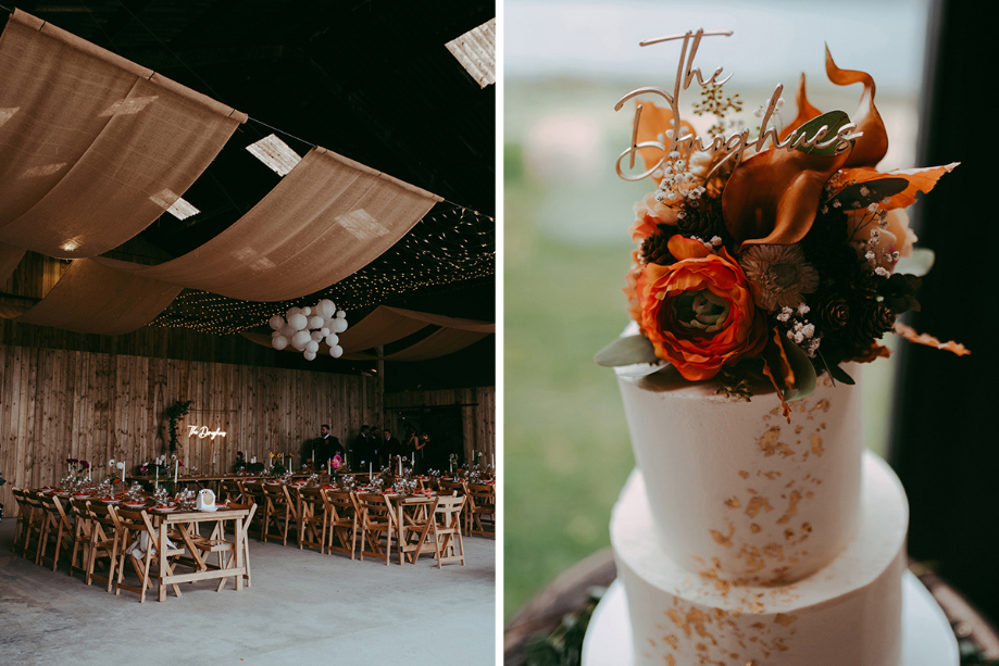 Autumnally decorated wedding reception and cake featuring orange foliage on top