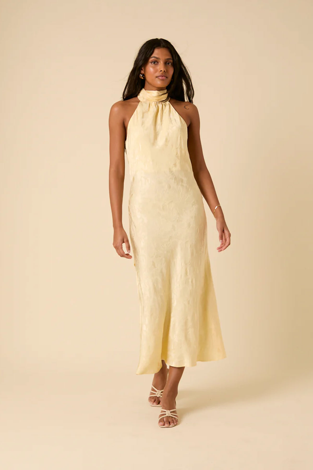 Butter yellow jacquard midi dress with high neck and subtle textured pattern