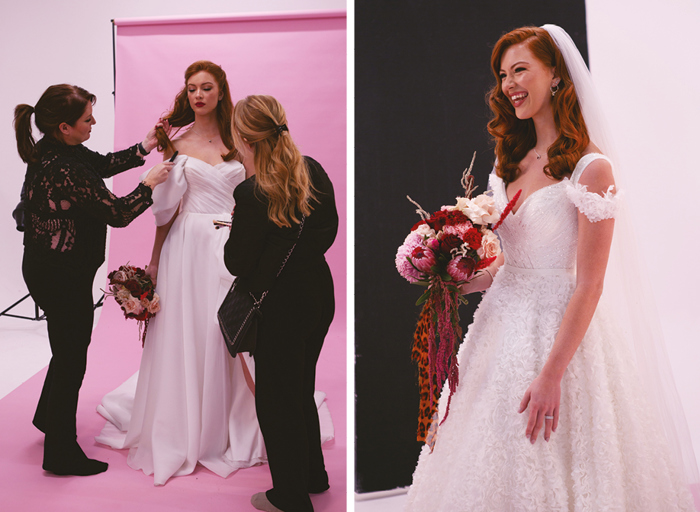 Behind the scenes of a bridal photoshoot with model getting her hairstyle adjusted