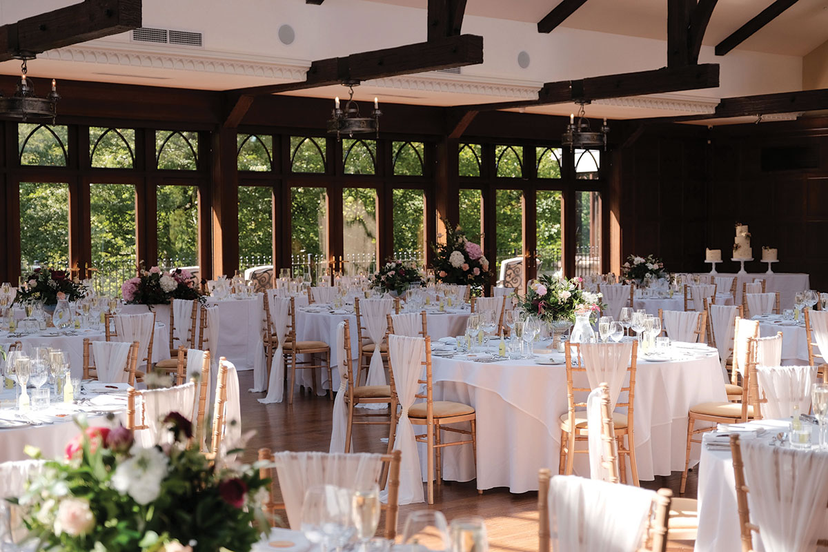 The Grand Roosevelt Ballroom at crossbasket castle set up for wedding breakfast
