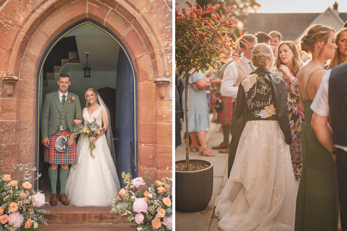 On the left a bride and groom stand in the arched doorway of a church, on the right a bride faces away from the camera wearing a black leather jacket with the words 'Just Married' on the back